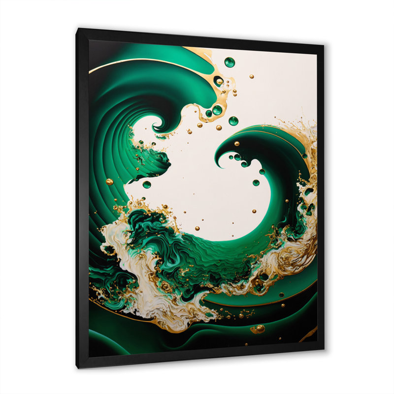 Emeraude vert et or abstrait vagues I - spirales abstraites, décoration murale encadrée, H 32 po x l 24 po x P 1 po