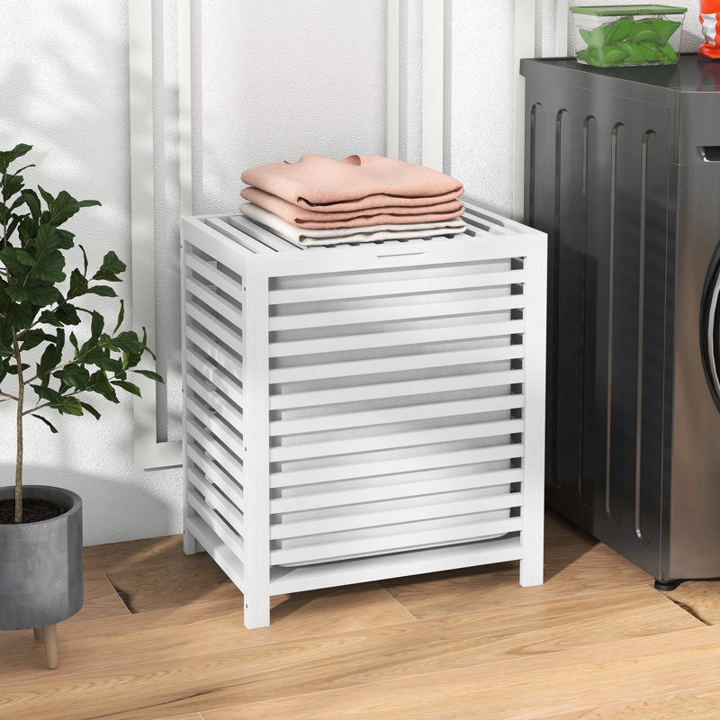 Panier à linge blanc avec couvercle et doublure amovible, 19,75 x 14,25 x 23,5 pouces, espace pour bac à ordures blanc, bien rangé