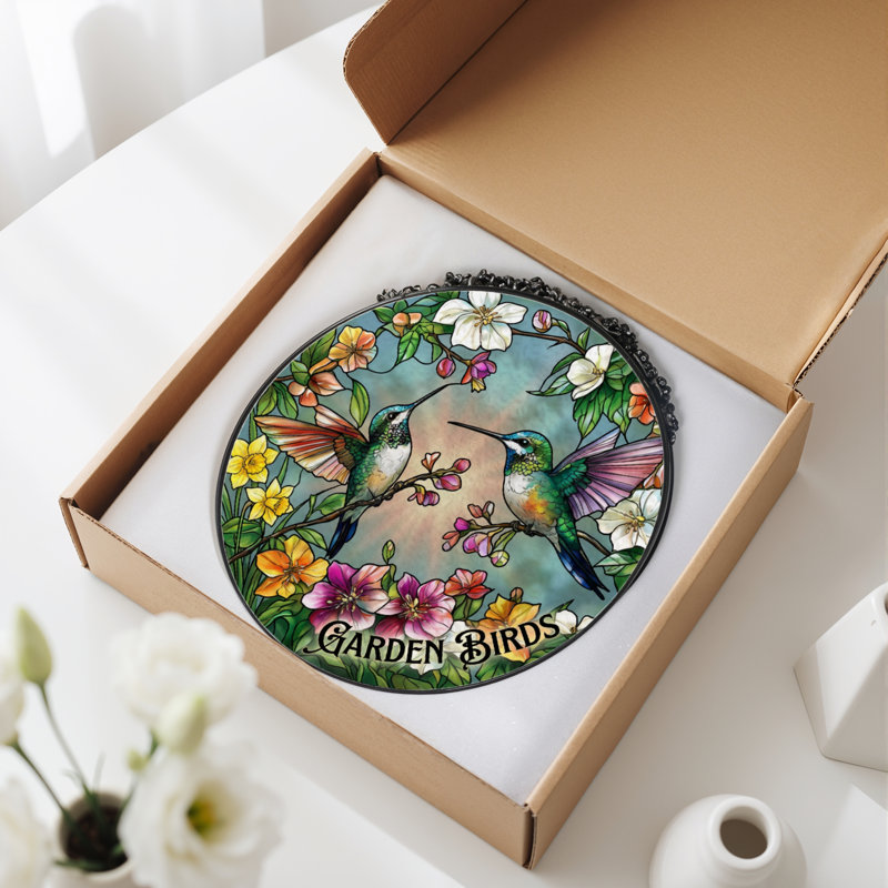 Panneau de vitrail à motif de colibri floral 12 po H 12 po, H 12 po x l 12 po