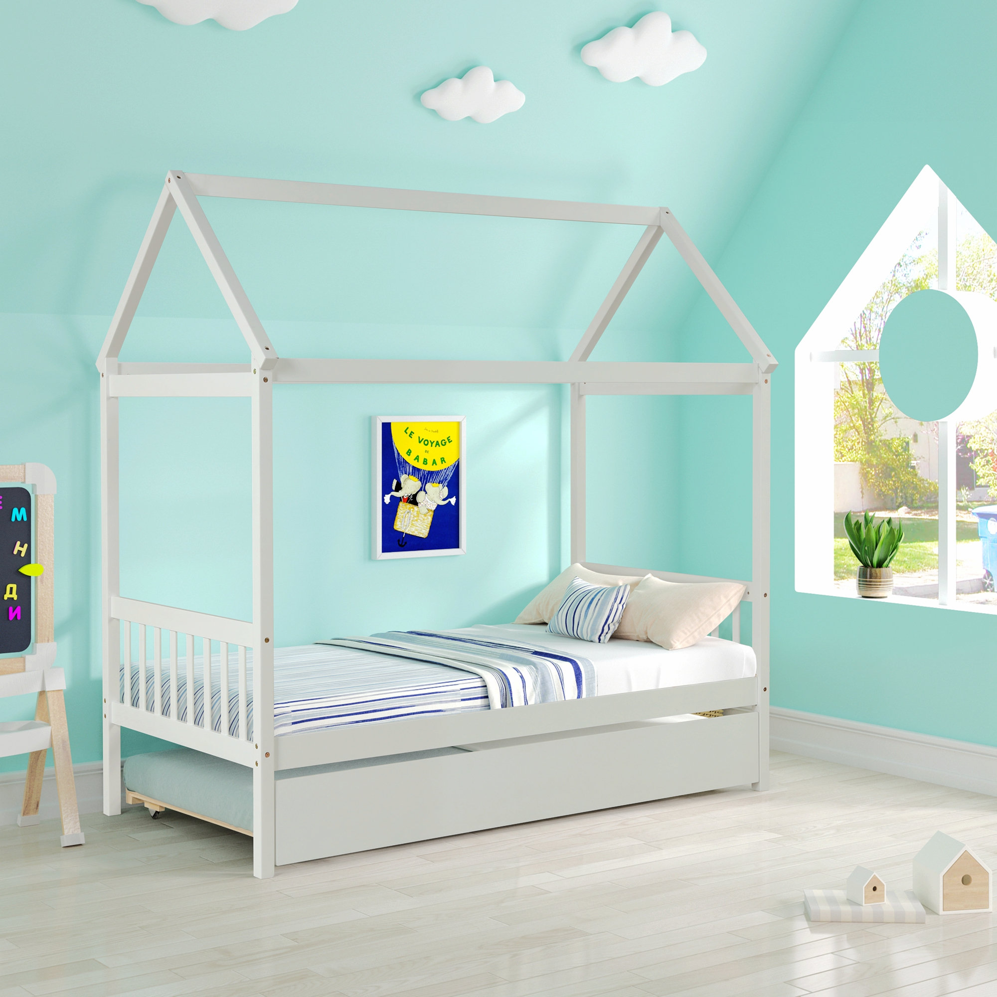 Harper Orchard Solid Wood Twin House Bed Frame With Twin Size Trundle ...