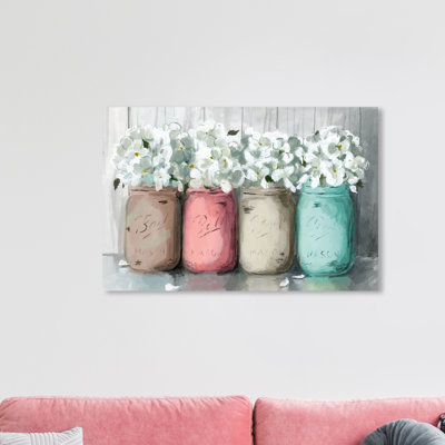 Floral and botanical Mason Jar Turquoise Florals - Reproduction de peinture sur toile tendue