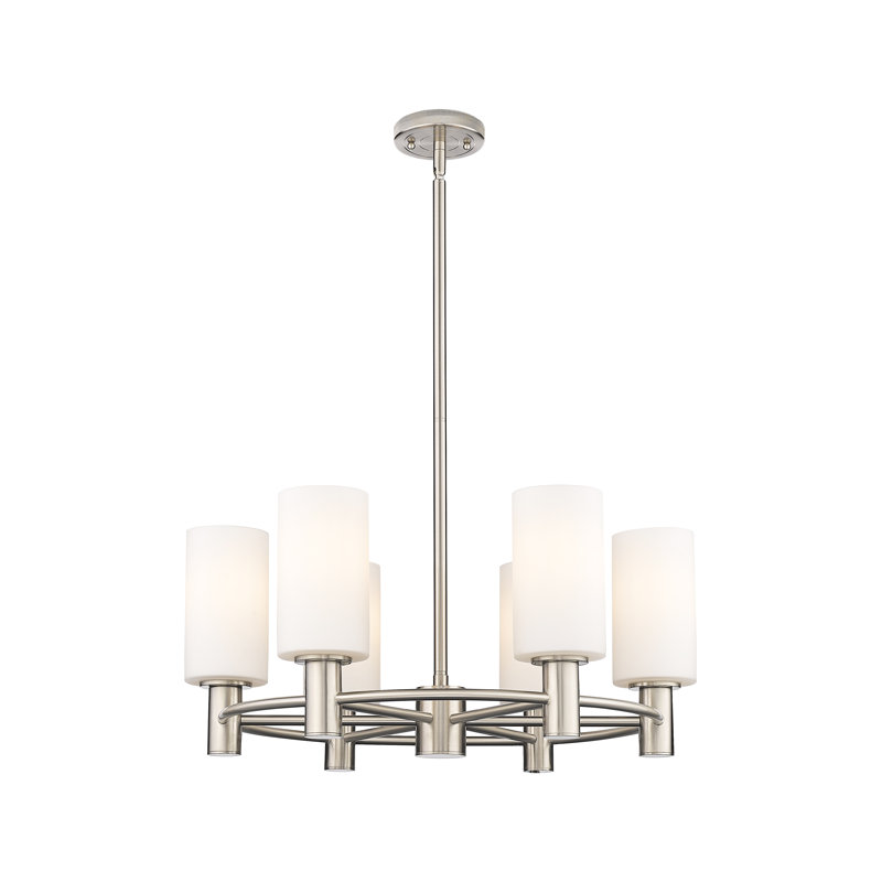 Lustre suspendu 6 lumières Crown Point, Nickel satiné, Blanc mat