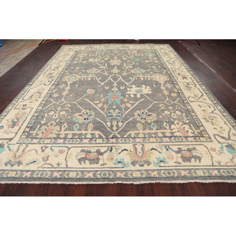 Tapis unique en laine noué à la main Oushak nouvel âge de 8 pi 8 po x 11 pi 6 po gris