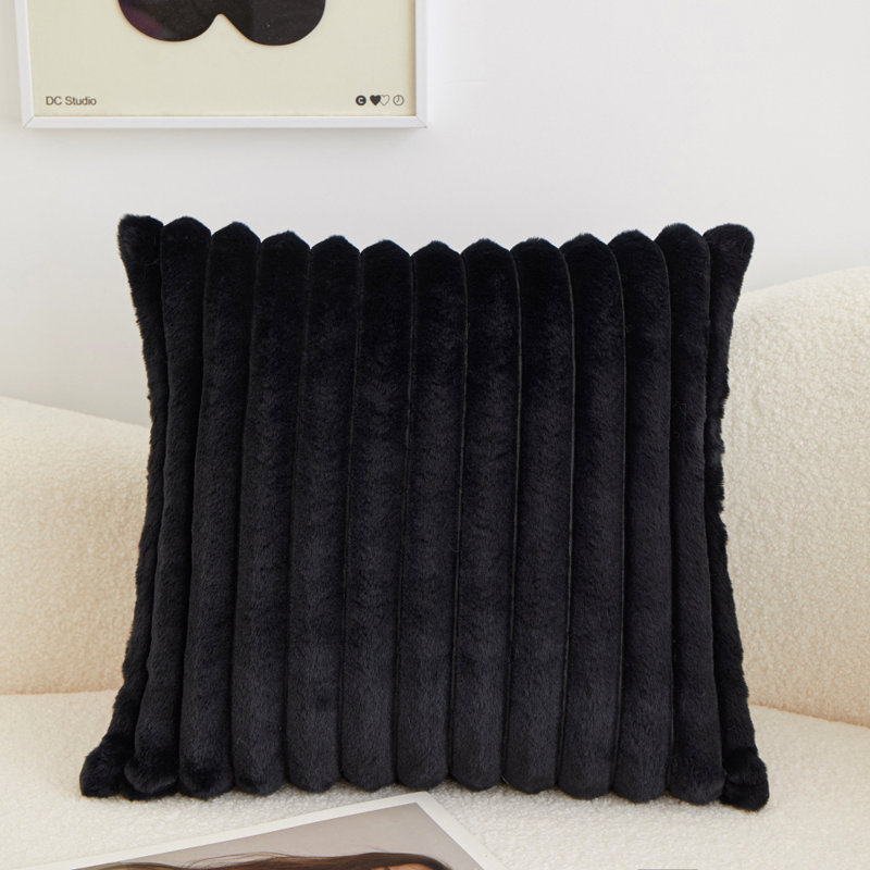 Black Fluffy Solid Color Throw Pillow FULL set Cover and insert Square size 18"x18", Black