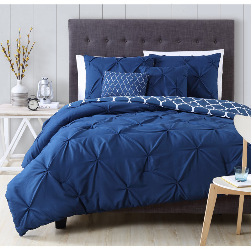 Ensemble d’édredon réversible, Bleu marine, Édredon grand, 2 taies décoratives et coussins d