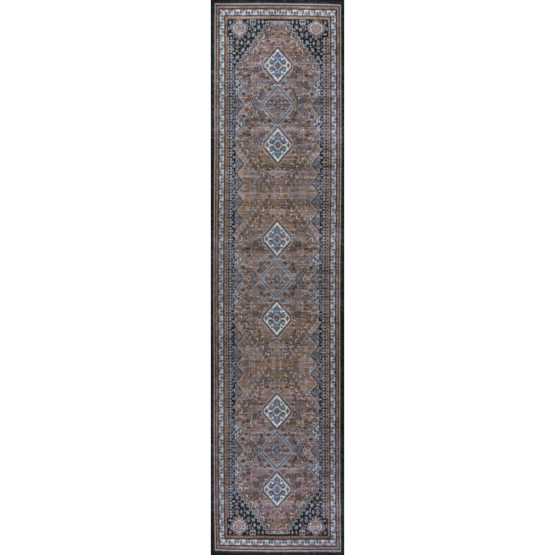 Dalyan Geometric Medallions Machine-Washable Brown/Blue/Gray Rug, Runner 2' x 8'