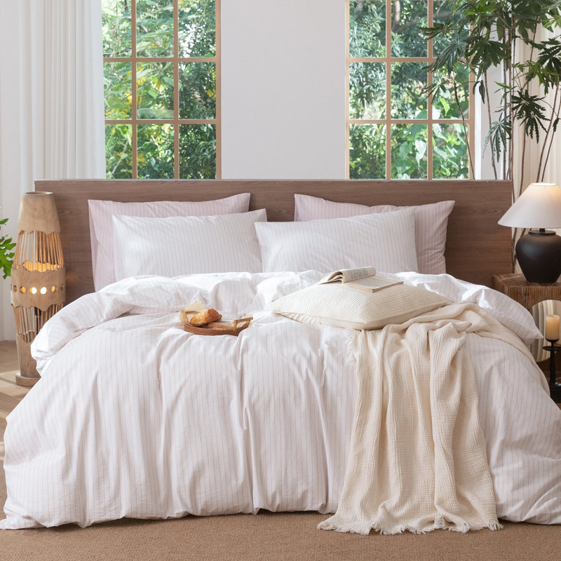 MooMee Striped Duvet Cover Set 100% Washed Cotton Linen Like Textured, Oversized King Duvet Cover + 2 King Pillowcases