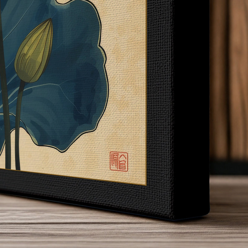 Lotus and Lily Pads Botanical 1 Piece Wrapped Canvas Wall Art, 24x16 - 61.0 x 40.6 cm, Black Border