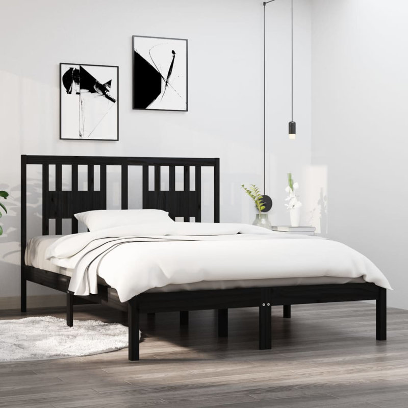 Bed Frame Solid Wood, No, Double (140 x 200 cm), Black
