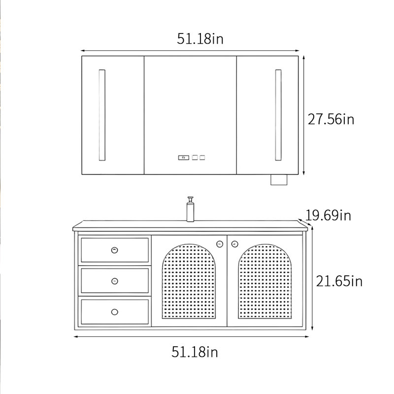 Armoire de salle de bain minimaliste rétro française, H 21,65 po x l 51,18 po x P 19,69 po