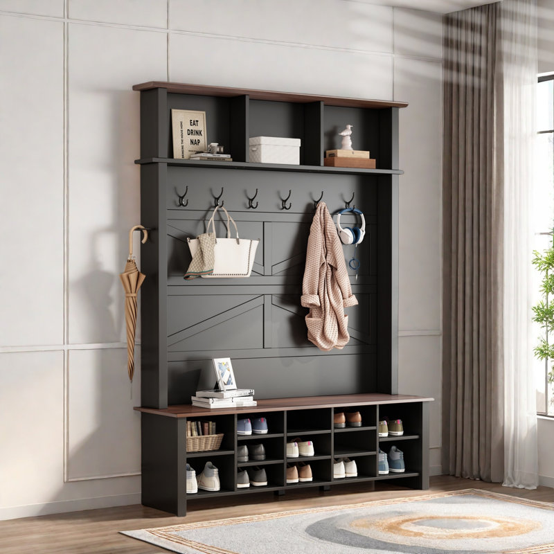 Farmhouse 4-in-1 Hall Tree With 6 Hooks, Entryway Bench With Adjustable Shelves, 16 Open Compartments And A Side Umbrella Rack