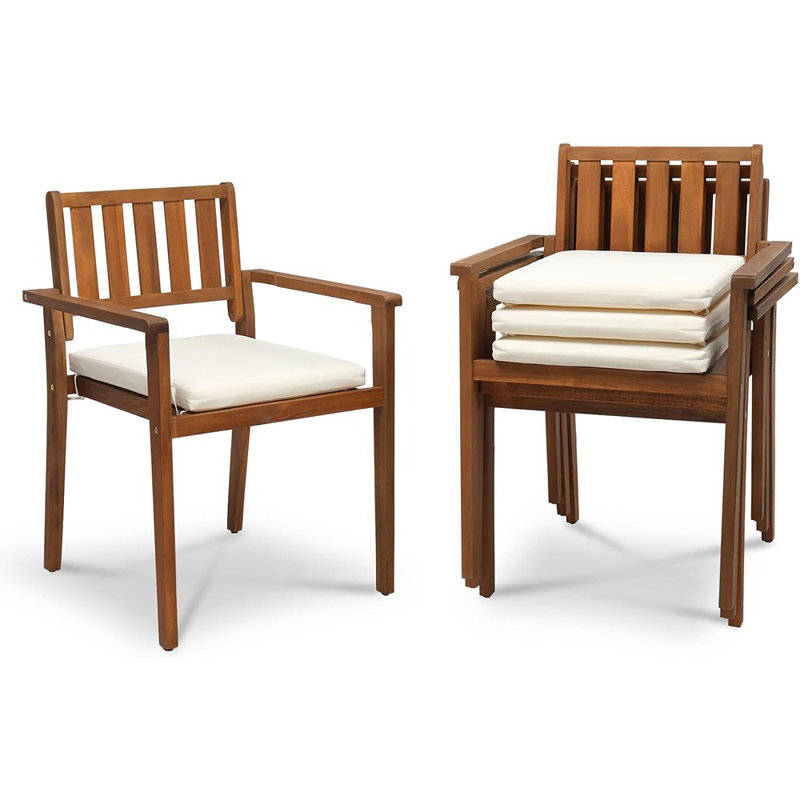 Ensemble de 4 chaises de patio empilables empilables avec coussins amovibles et accoudoirs confortables pour le porche, la cour, le jardin et l'intérieur