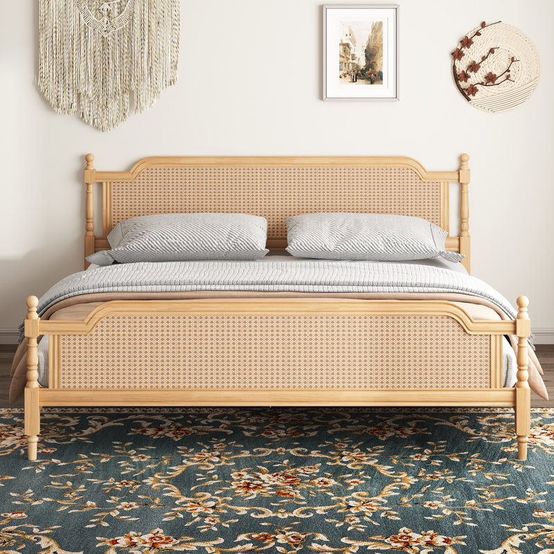 Chikezie Solid Wood Platform Bed Frame with Headboard, Bohemian Style Wicker Bed Frame with Headboard, Walnut, King