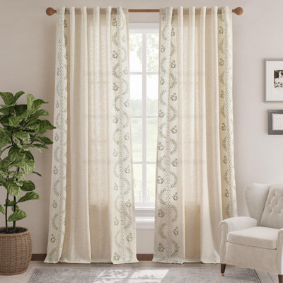 Linen Blend Embroidered Curtains Farmhouse Flower Patterned Curtains for Bedroom