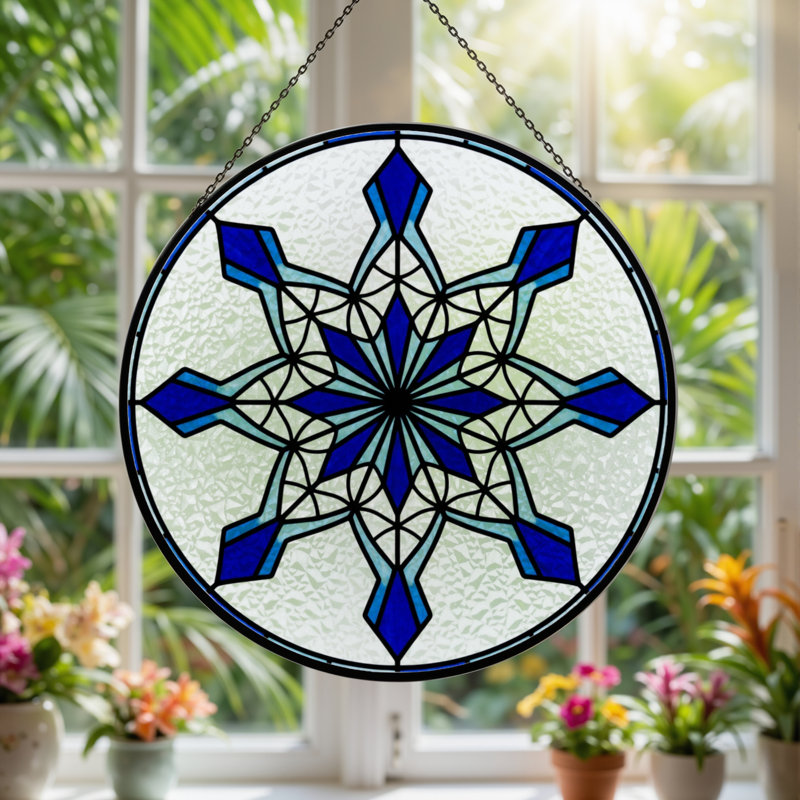 7.8"H Snowflake Pattern Stained Glass Window Panel, 7.8" H x 7.8" W