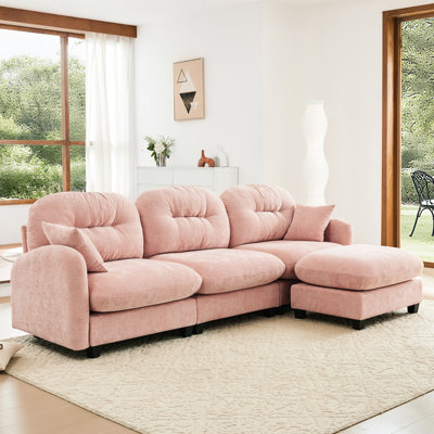 Canapé d'angle rose 3 places, plissé, en mousse épaisse, pour différents espaces. Confortable, en chenille, pour se détendre à la maison.