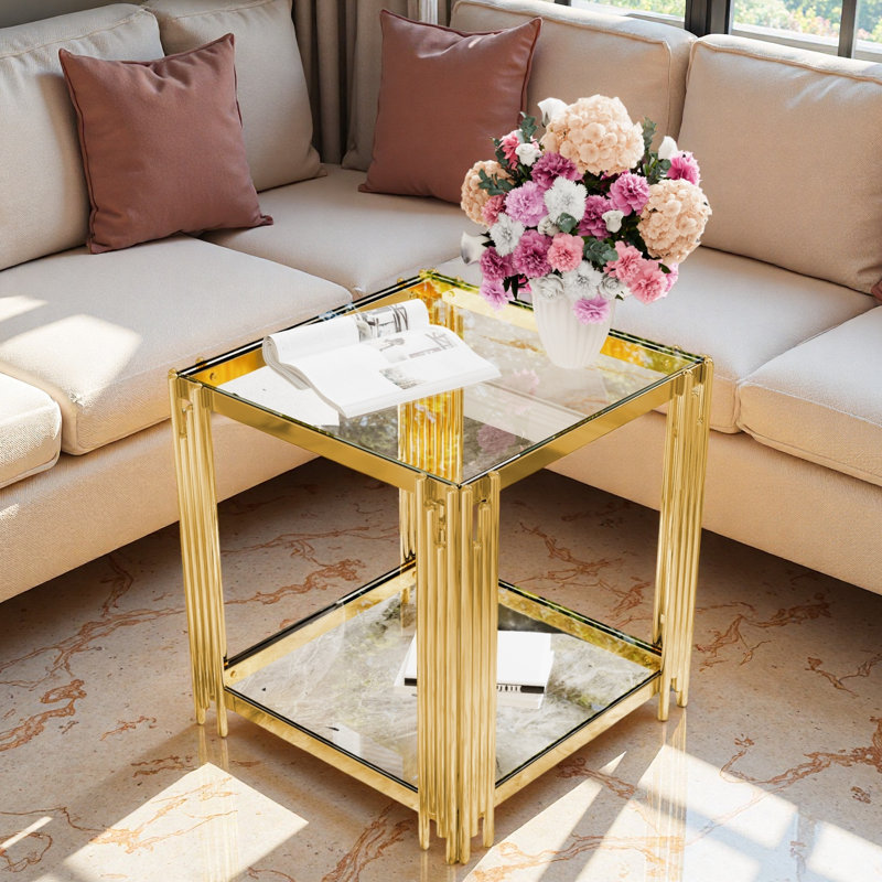 Table de bout moderne carrée avec plateau en verre trempé, tablette inférieure et structure asymétrique en métal, Transparent