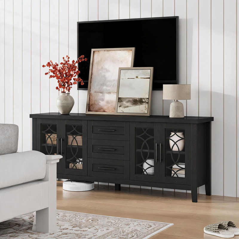 Farmhouse TV Stand with Glass Door for 65-70 Inch TV, Entertainment Center, Mid Century Television Stands with 2 Storage Door and 3 Drawer, Console Table with Shelves for Living Room (Black)