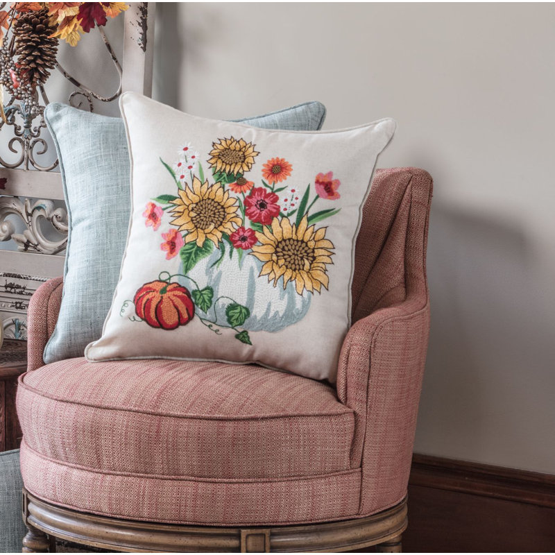 16" Square Embroidered Thanksgiving Floral Throw Pillow