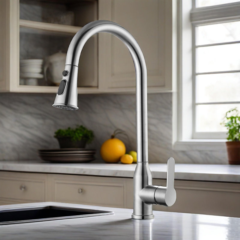 Robinets de cuisine en nickel brossé à poignée simple High Arc avec douchette rétractable