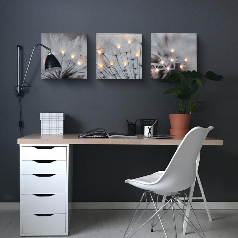 15.8'' Fluff Canvas Wall Art Set of 3 with LED Lights, Modern Minimalist Wall Decor