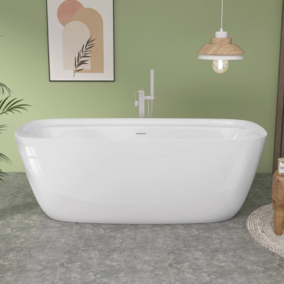 Freestanding Soaking Tub 67'' x 31''Rectangular Acrylic Bathtub with Storage in Glossy White  Center Drain