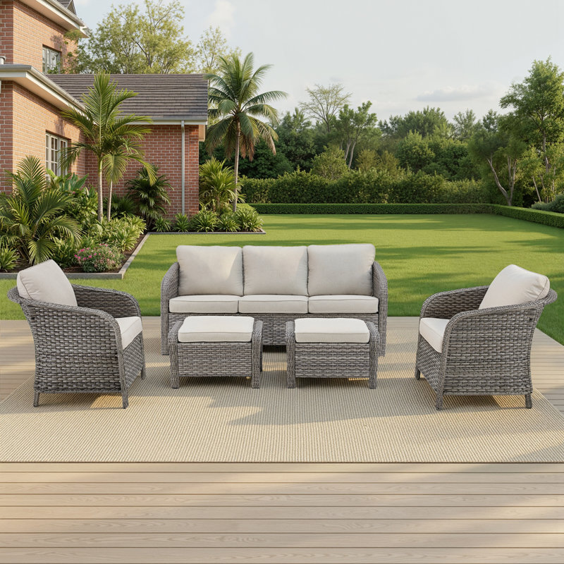 Ensemble de canapé de patio d'extérieur en osier 5 pièces avec chaises et repose-pieds Arcola