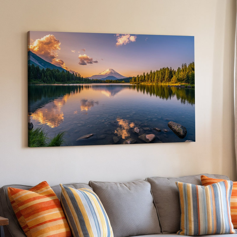 Toile, paysage montagneux serein au lever du soleil avec une majestueuse neige, art mural, sommet plafonné reflétant un lac calme, art mural sur toile
