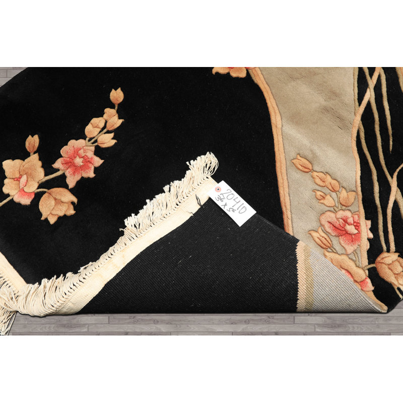 Tapis floral transitionnel art déco noir et gris en laine noué à la main 3 pi 6 po x 5 pi 6 po