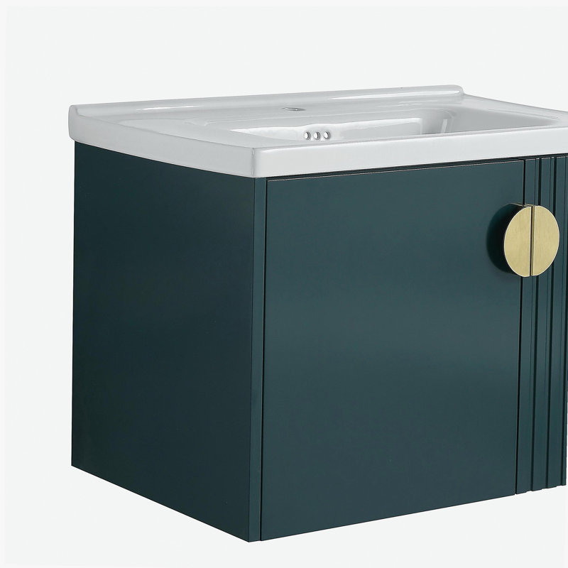 Meuble-lavabo de 28 po avec lavabo en céramique, pour petite salle de bain, meuble-lavabo avec porte, Vert/doré, 28"
