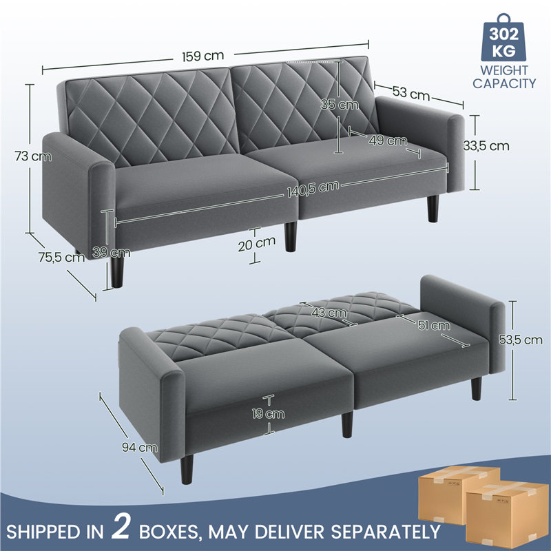 2-Seater Sofa Bed Aidden With Adjustable Backrest, Dark Grey