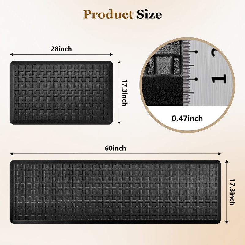 Anti Fatigue Kitchen Mat Set with Non-Slip Waterproof Surface, Black, Rectangle 1'5" x 2'4" + 1'5" x 5'