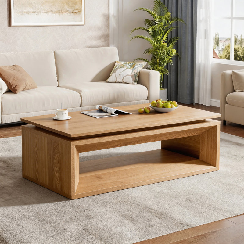 Table basse à plateau relevable 43,3 po en bois massif avec rangement caché, Natural Wood
