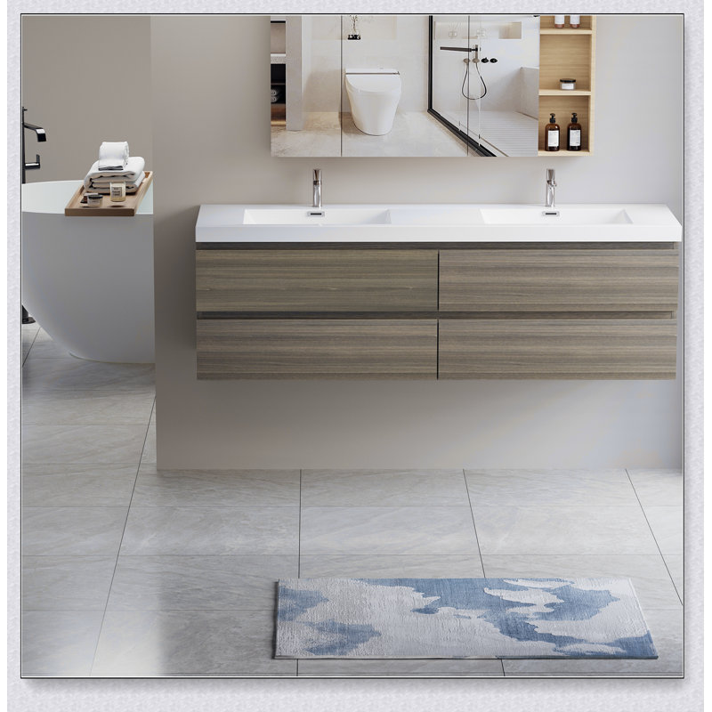 Meuble-lavabo flottant avec lavabo, meuble-lavabo mural moderne avec deux lavabos en quartz et quatre tiroirs à fermeture en douceur, 24V12-72GR