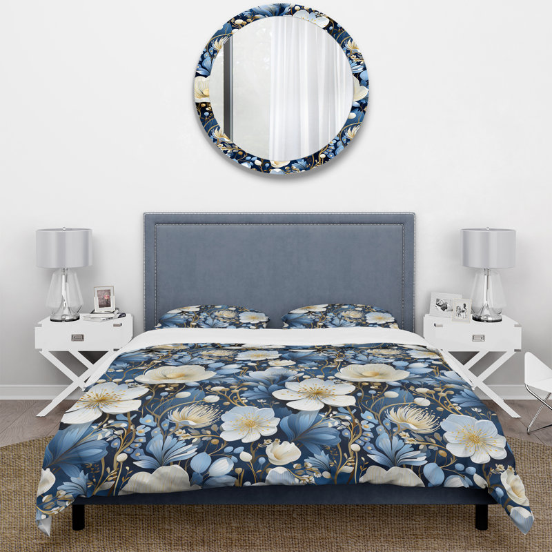 Ensemble de housse de couette à motif floral blanc et bleu Meadow Serenity II