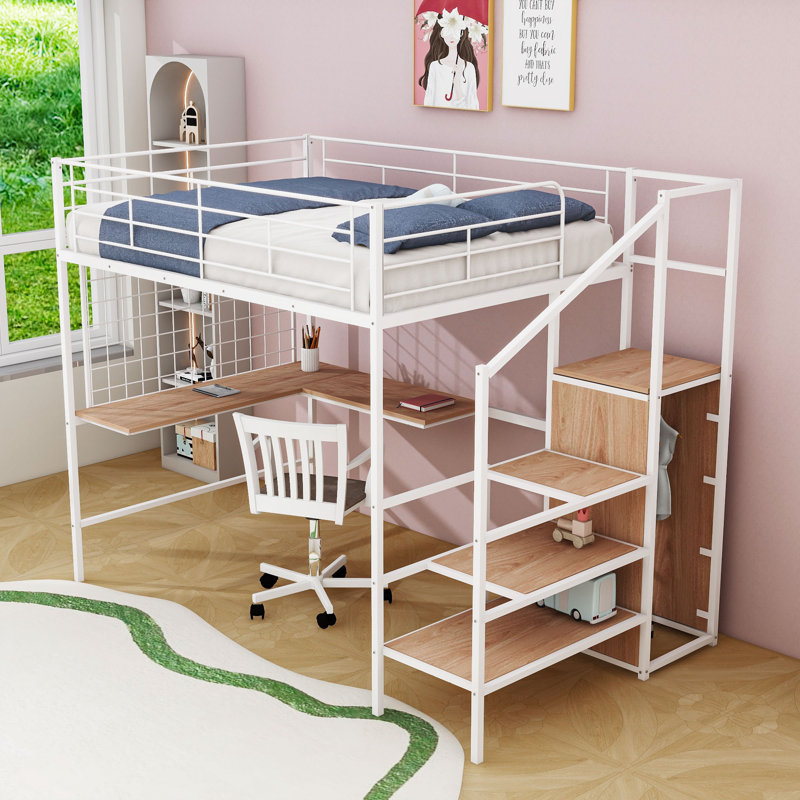 Metal Loft Bed With Desk And Staircases, Full, White