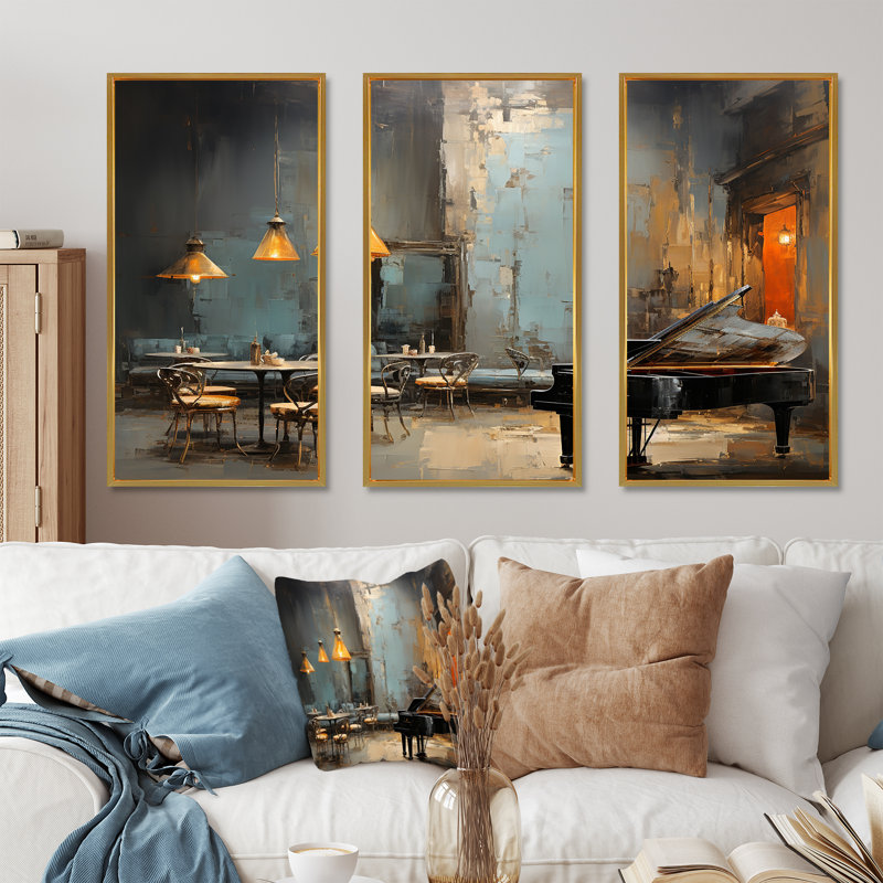 Rétro Sonate pour piano dans Jazz Cafe III - musique Jazz, art mural, H 28 po x l 36 po x P 1 po, Cadre flottant doré