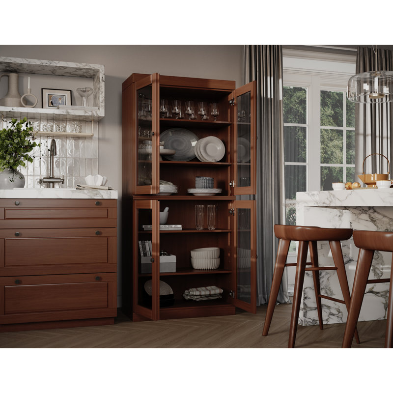 Garde-manger 32 po Kaniesha en bois massif avec portes en verre transparent et tablettes réglables, Moka