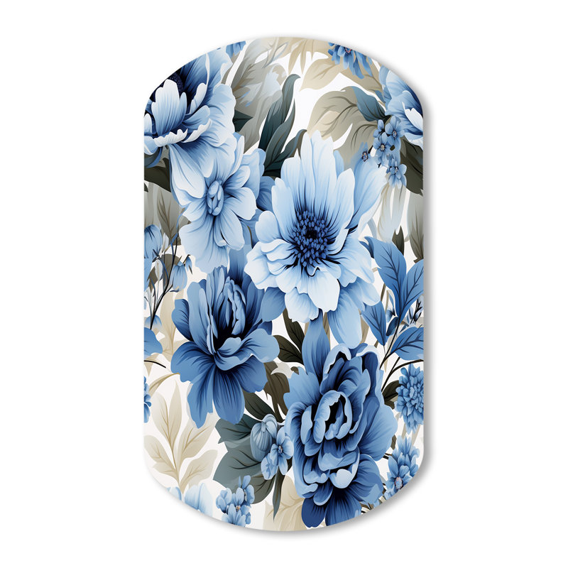 Motif floral victorien bleu et blanc floral - Art mural floral asymétrique en métal, reproduction de sculpture murale cylindrique en métal