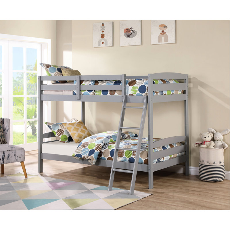 Transitional Gray Solid Wood Bunk Bed With Front Angled , Rails, Slat Design, 2 Under Drawers And Oval Nuts For Steady Assembly Style Twin Over Foundation, Design Drawers, Assembled