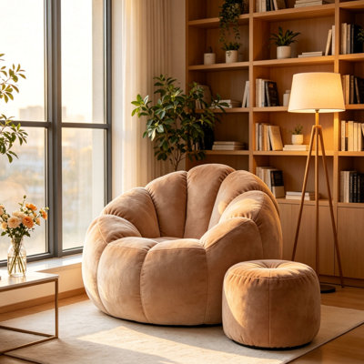 Pouf géant en fausse fourrure kaki en forme de citrouille, canapé de sol surdimensionné en mousse pour jeux vidéo et lecture à domicile