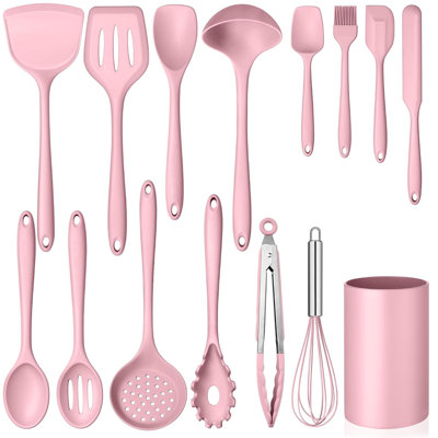 Generic 15 Pcs Silicone Cooking Utensil Set, Kitchen Utensils Set, Pink