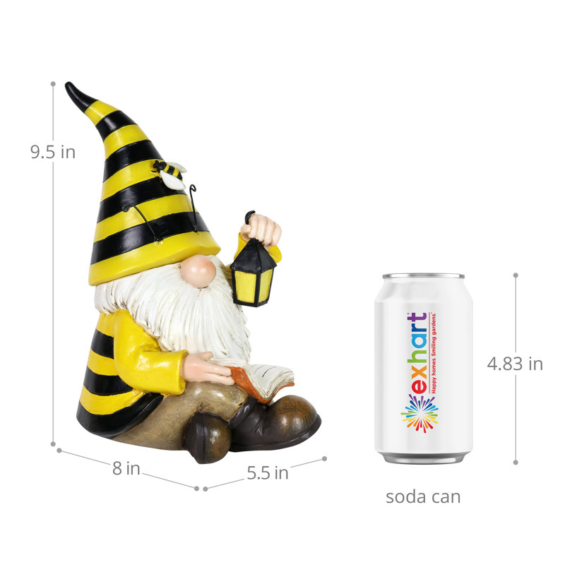 Hand Painted Solar Beekeeper Garden Gnome with Lantern and Book