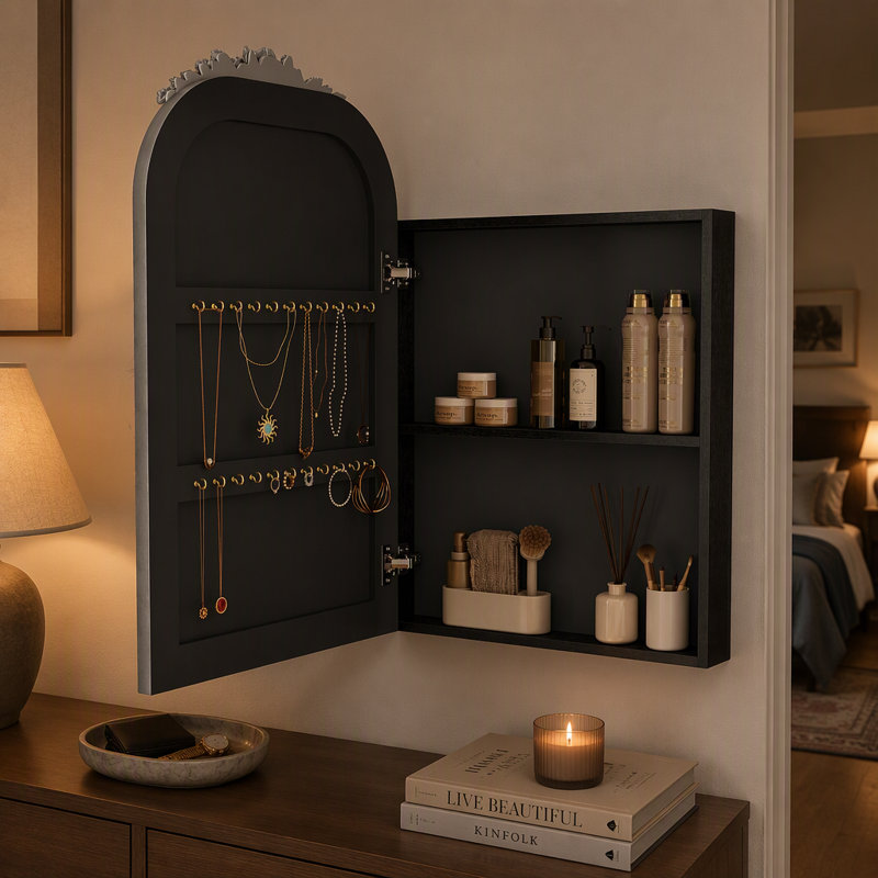 Armoire à pharmacie vintage avec miroir, rangement et dessus arqué sculpté, fixation murale, encastrée ou en saillie, étagère réglable et crochets à bijoux, argent antique
