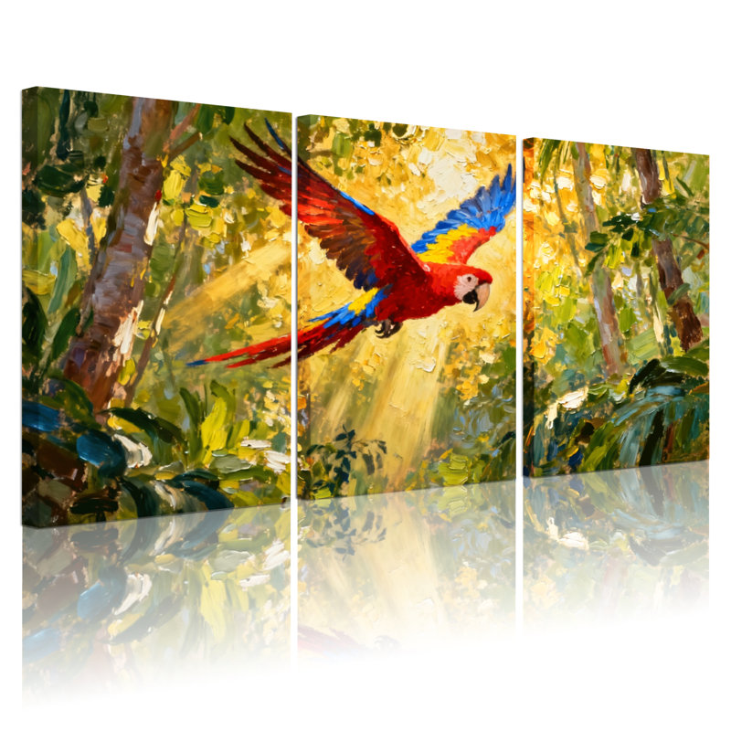 Oiseaux, perroquet coloré volant dans la jungle, ensemble de 3 impressions sur toile, H 24 po x l 48 po