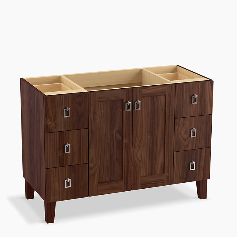Base de meuble-lavabo Poplin® 48 po avec pieds de meuble, 2 portes et 6 tiroirs, Ratine couleur noyer