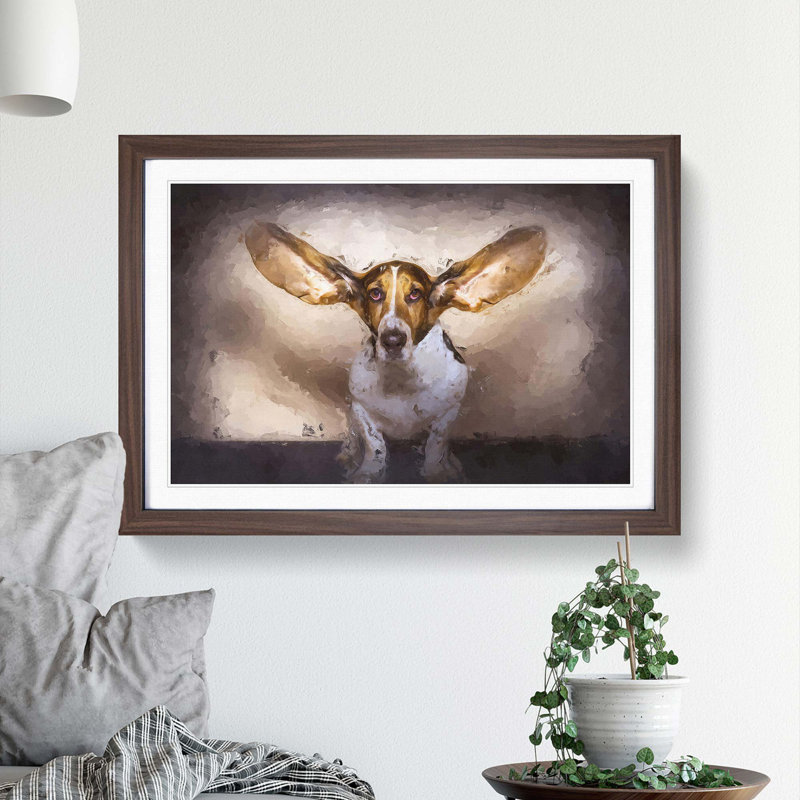 The Ears of a Basset Hound Dog in Abstract - Picture Frame Painting Print on MDF, Walnut Framed, 62cm H x 87cm W x 2cm D