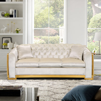 Velvet Luxury Chesterfield Sofa Set 84 Inches Tufted 3 Seat Couch With Gold Stainless