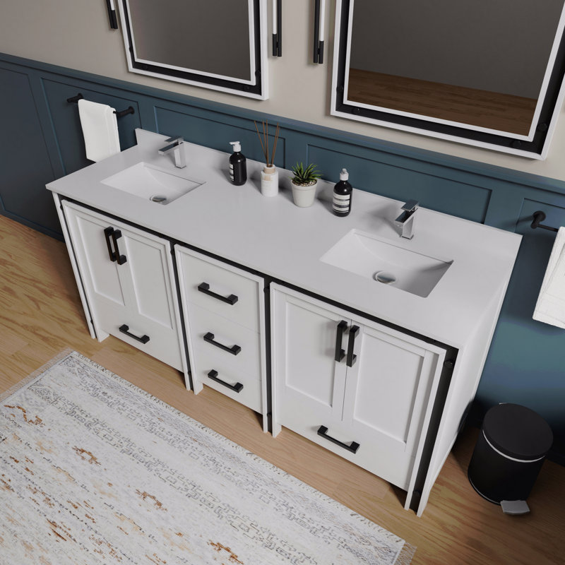 Meuble-lavabo double l 72 po x P 22 po, comptoir en quartz blanc, 73", Blanc