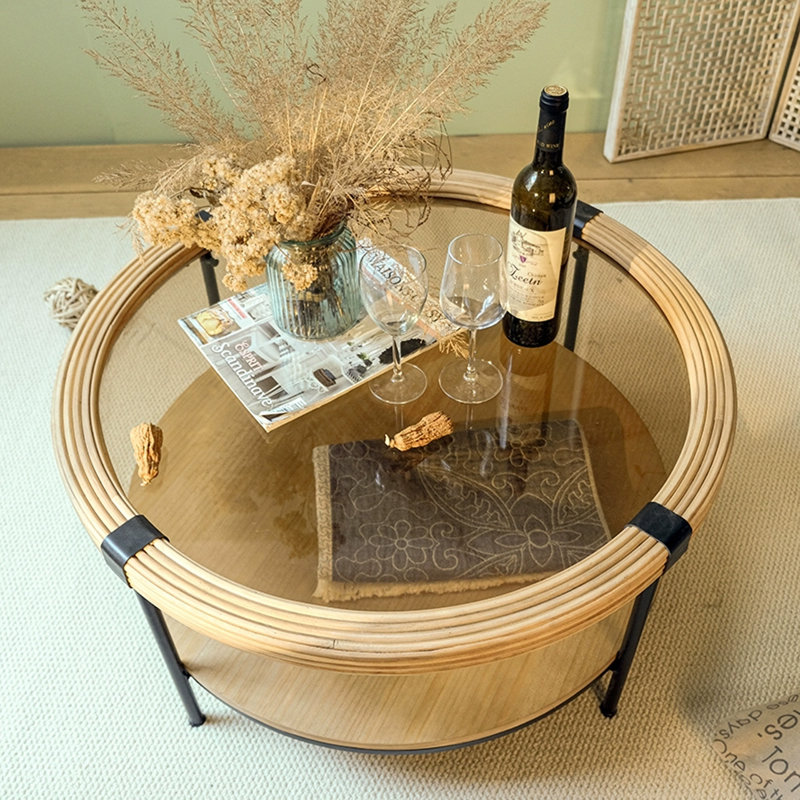 Table basse ronde en bois massif rétro Burlywood